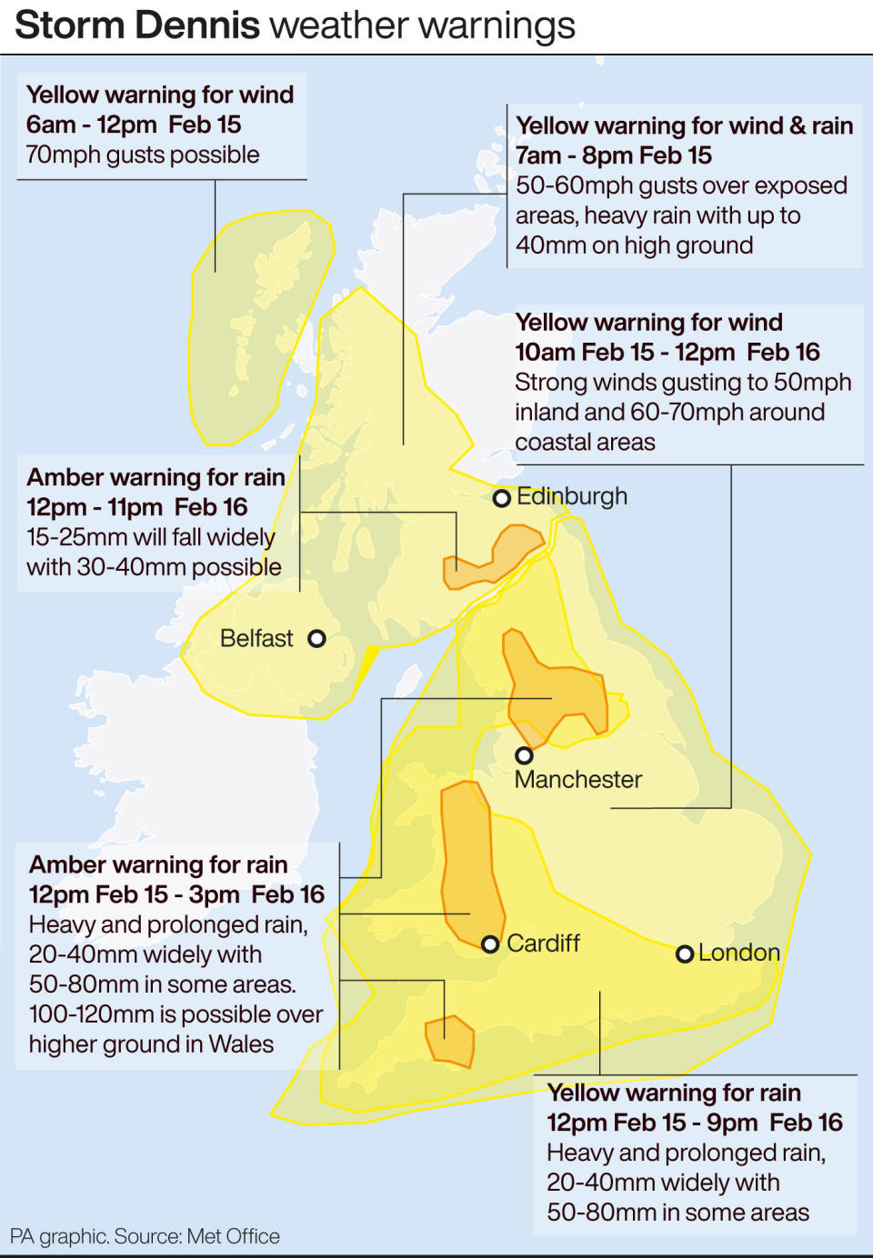Storm Dennis weather warnings. See story WEATHER Storm. Infographic PA Graphics