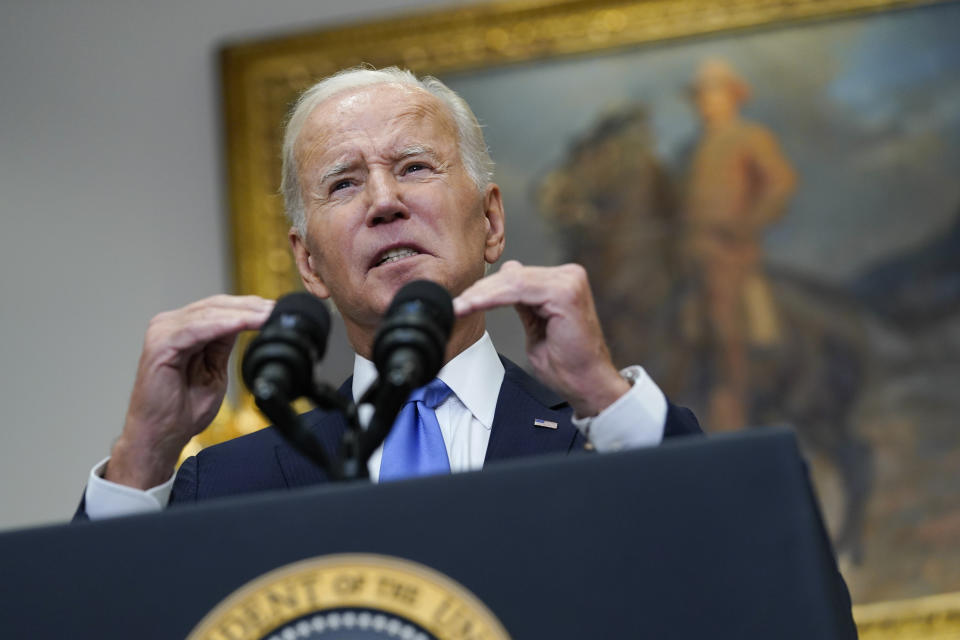 President Joe Biden speaks about the ongoing federal response efforts for Hurricane Ian from the Roosevelt Room at the White House in Washington, Friday, Sept. 30, 2022. (AP Photo/Susan Walsh)