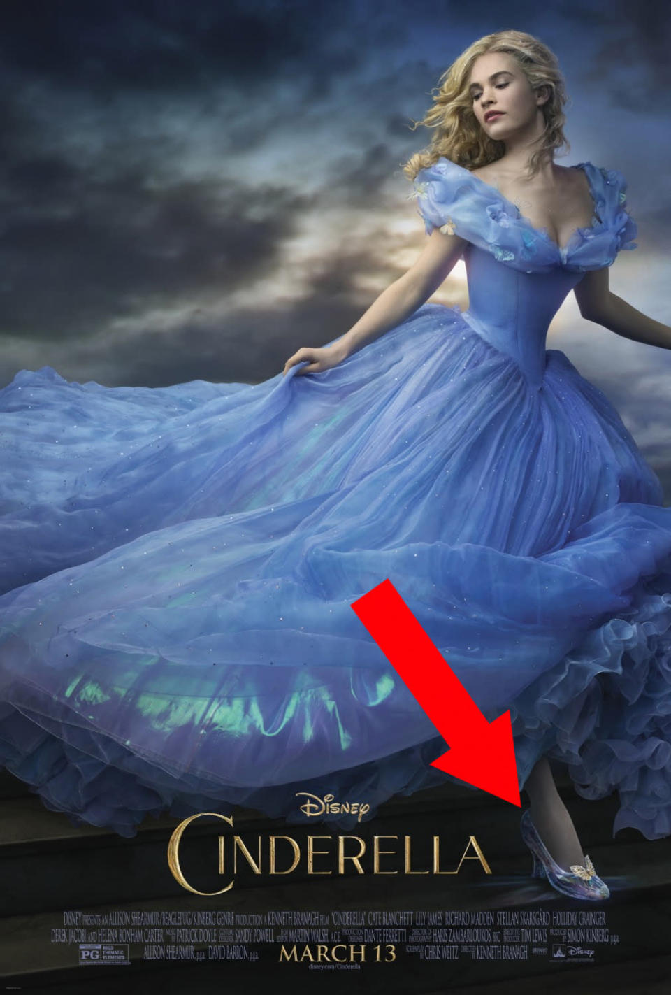 Cinderella: It was much noted on its release how Kenneth Branagh’s Cinderella (played by ‘Downton’s Lily James) seemed impossibly thin around the waist. This poster accentuates it, but oddly, gives her a massive foot too.