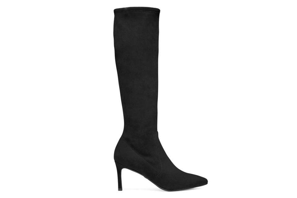 black boots, knee high, heeled, pointed toe, suede, stuart weitzman