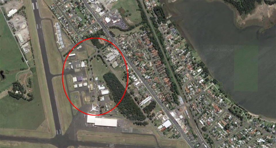 A Google maps satellite image showing Airport Road in Albion Park Rail