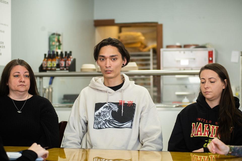 Stacie Caproni, left, Keith's mother, Trevor Cron, center, Keith's friend, and Crystal Utter, Keith's sister, talk about Keith's life in Port Jervis.