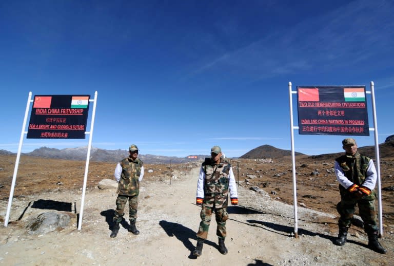 Indian military personnel guard Bumla pass on the India-China border, in north-eastern Arunachal Pradesh state