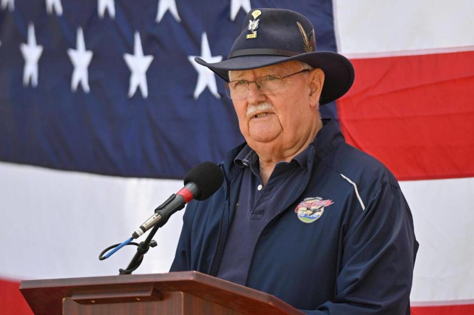 Central Valley Honor Flight’s Bill Goodreau delivers an emotional speech as keynote speaker for the 60th VFW Memorial Day Service held at Fresno Memorial Gardens Monday, May 29, 2023 in Fresno.