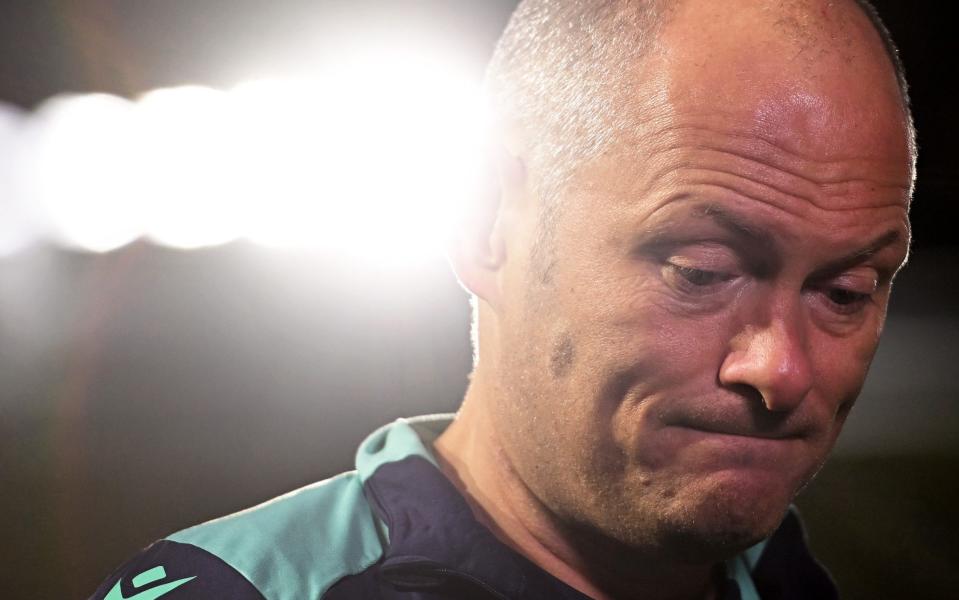 Alex Neil, manager of Stoke City looks on as they are interviewed following the Sky Bet Championship match between Plymouth Argyle and Stoke City at Home Park on December 02, 2023 in Plymouth, England