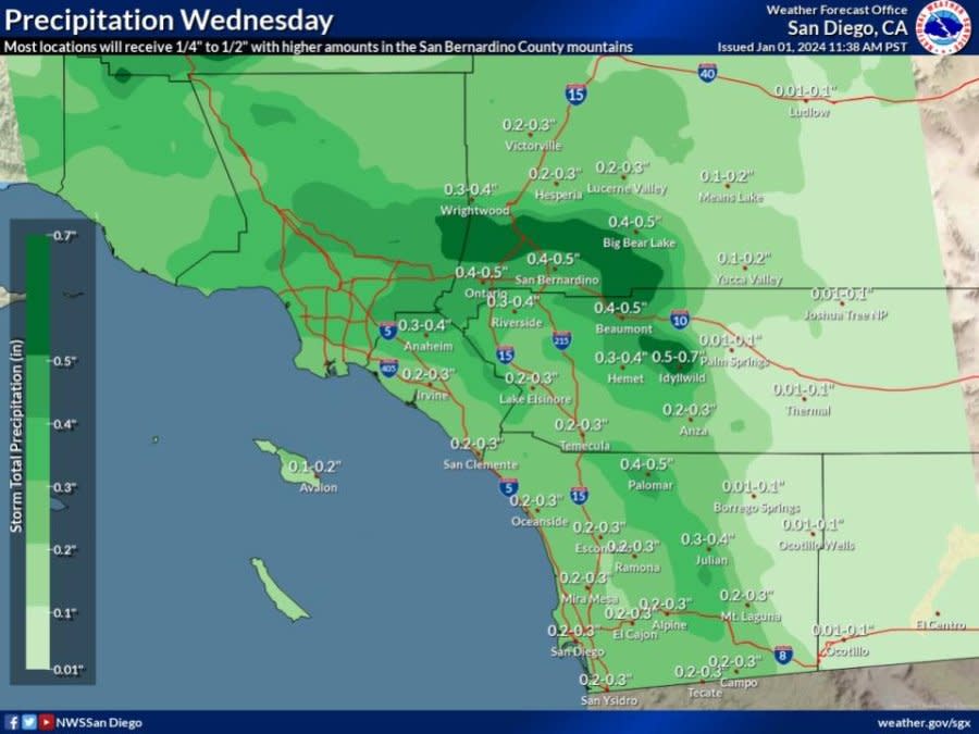 Precipitation expected in San Diego County on Jan. 3, 2024. (Courtesy of National Weather Service)