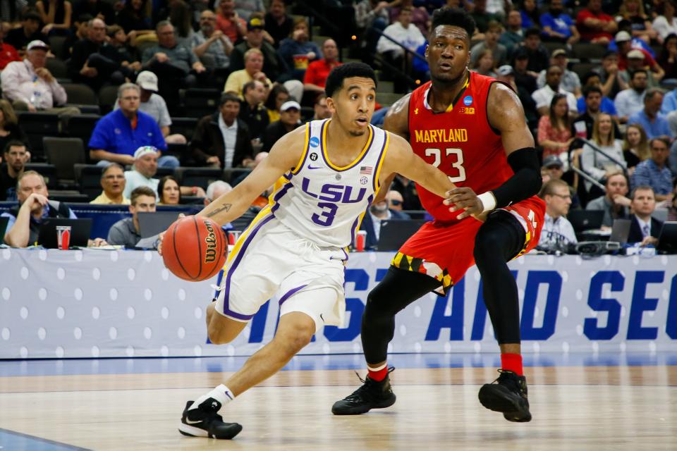 JACKSONVILLE, FL - MARCH 23: LSU Tigers guard Tremont Waters (3) dribbles the ball as Maryland Terrapins forward Bruno Fernando (23) defends during a game at VyStar Veterans Memorial Arena on March 23, 2019 in Jacksonville, Florida. (Photo by Matt Marriott/NCAA Photos via Getty Images)