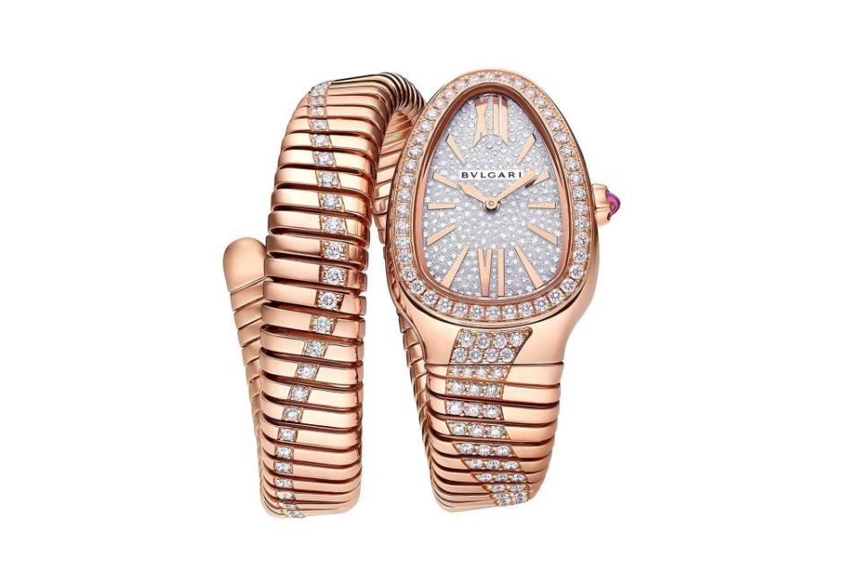 Bulgari Serpenti Tubogas watch in 18-k rose gold with pink tourmaline and diamonds, $87,000