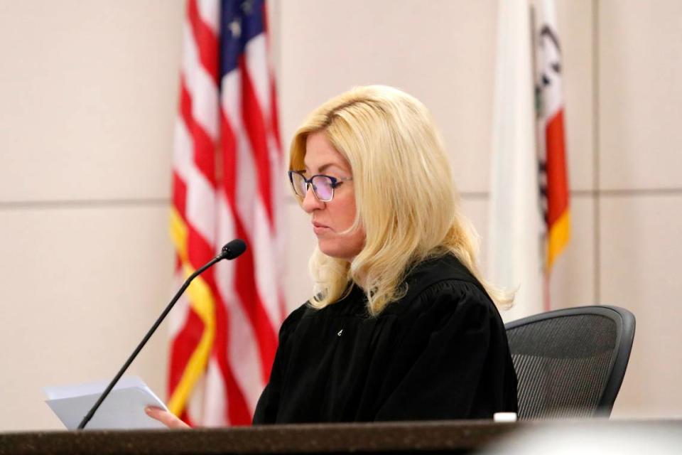 Judge Jennifer O’Keefe listens during closing arguments in the Kristin Smart murder trial on Monday, Oct. 3, 2022.