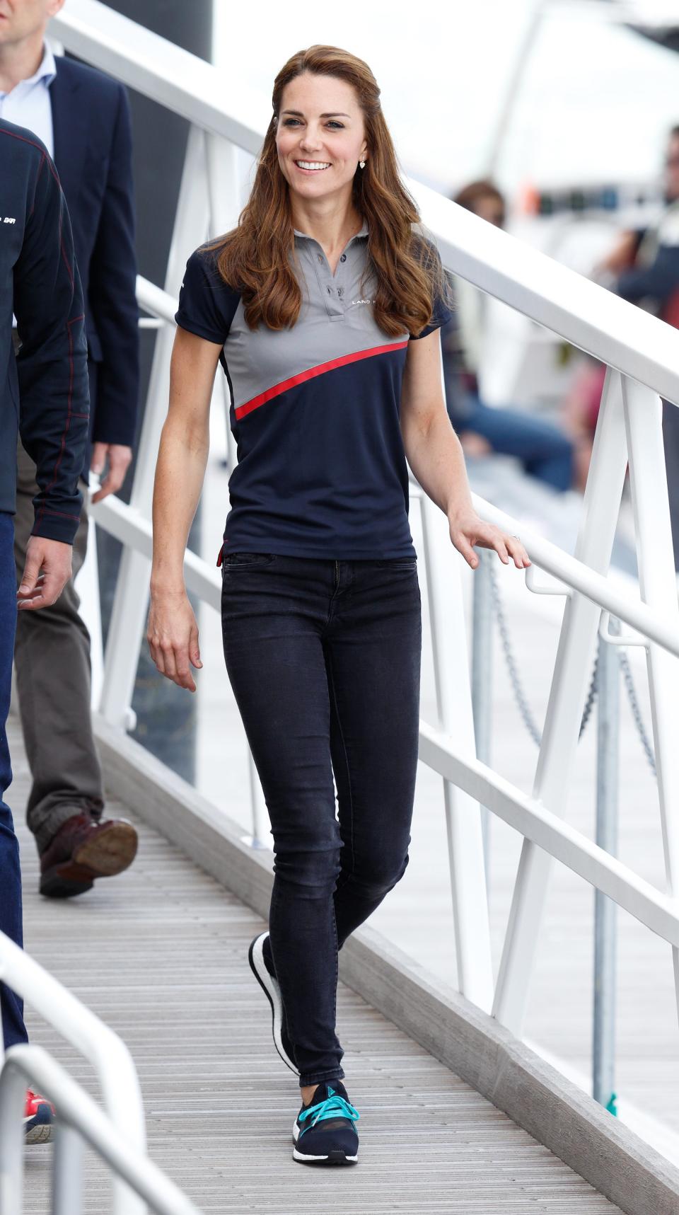 During Kate's visit to the Land Rover BAR during the America's Cup World Series in July 2016, she sported a polo shirt and sneakers with bold blue laces.