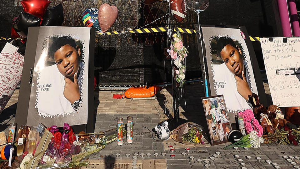 A memorial site for Tyre Sampson outside the Orlando Free Fall drop tower ride at ICON Park in Orlando, Florida. / Credit: Stephen M. Dowell/Orlando Sentinel/Tribune News Service via Getty Images