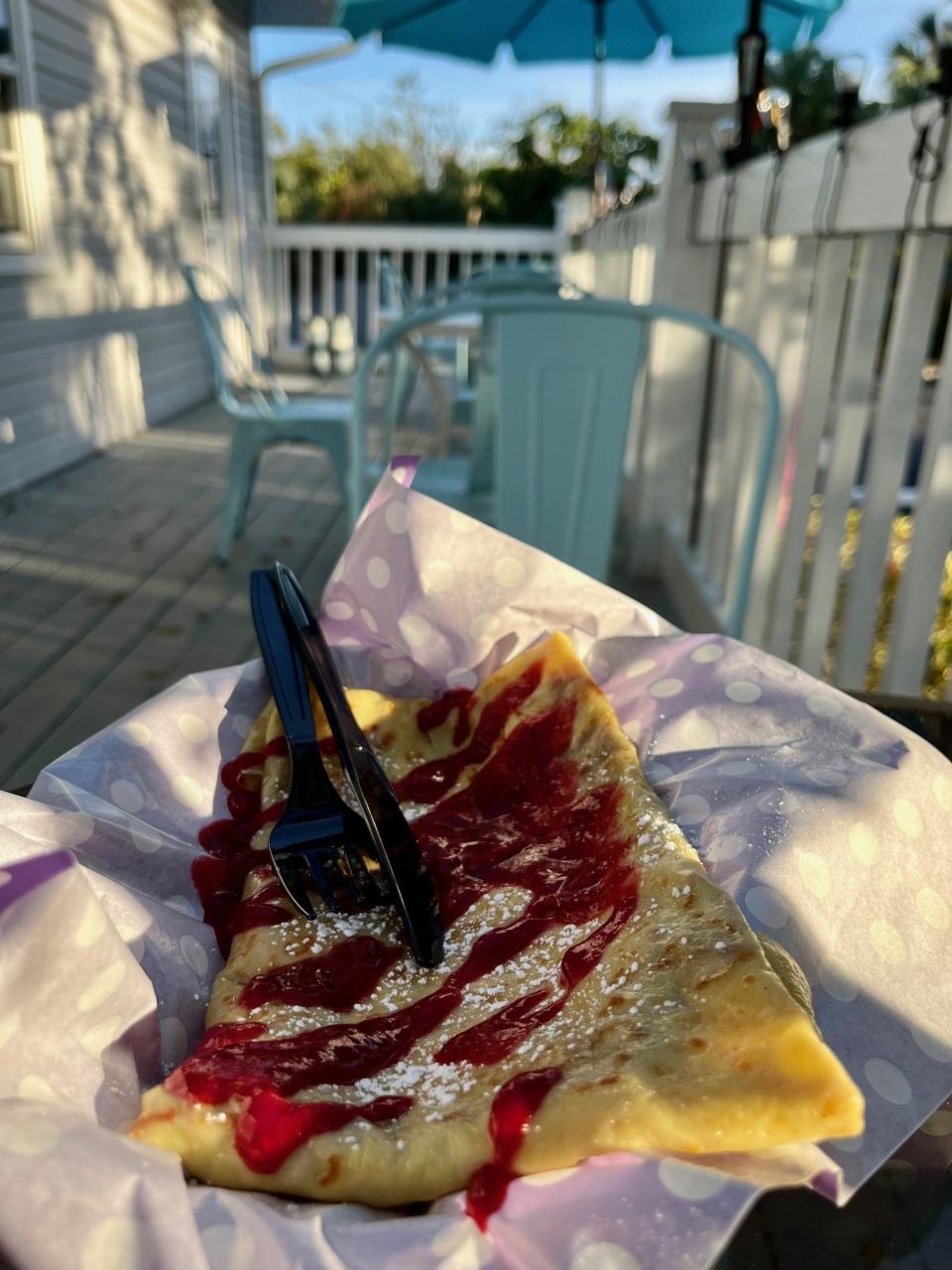 A raspberry cheesecake crepe from Spots Ice Cream, Crepes & Sauces on Pine Island.