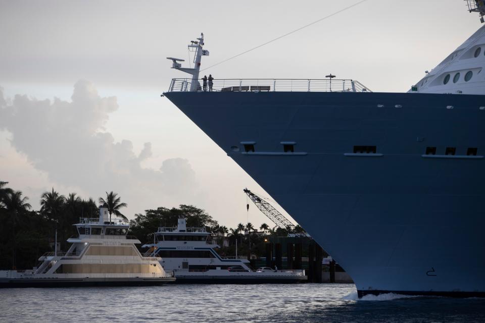 Royal Caribbean Freedom of the Seas gets underway through the Government Cut shipping channel at PortMiami during the first U.S. trial cruise testing COVID-19 protocols on June 20, 2021, in Miami.