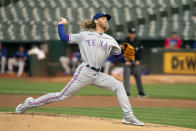 Texas Rangers starting pitcher Mike Foltynewicz delivers against the Oakland Athletics during the first inning of a baseball game, Friday, Aug. 6, 2021, in Oakland, Calif. (AP Photo/D. Ross Cameron)