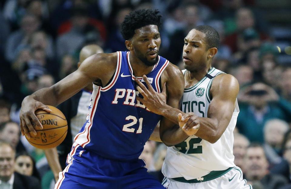 All-Star centers Joel Embiid and Al Horford will see plenty of one another over the next couple of weeks, with an Eastern Conference finals berth on the line. (AP)