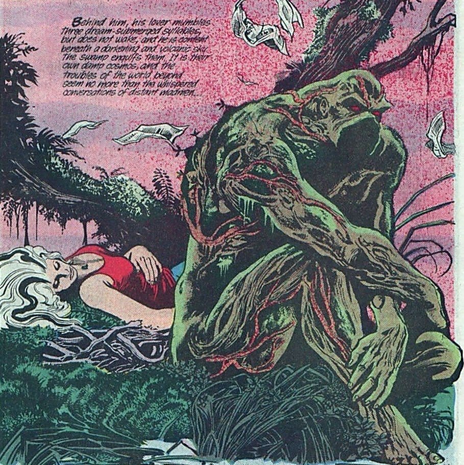 A panel of Saga of the Swamp Thing showing Abigail Arcane asleep next to Swamp Thing who contemplates their romance.