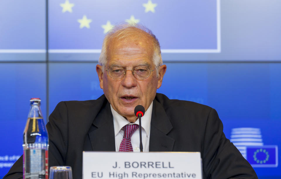 European Union foreign policy chief Josep Borrell speaks during a media conference after a meeting of EU foreign ministers at the European Council building in Luxembourg, Monday, Oct. 12, 2020. European Union foreign ministers were weighing Monday whether to impose sanctions on Russian officials and organizations blamed for the poisoning of opposition leader Alexei Navalny with a Soviet-era nerve agent. (Jean-Christophe Verhaegen, Pool via AP)