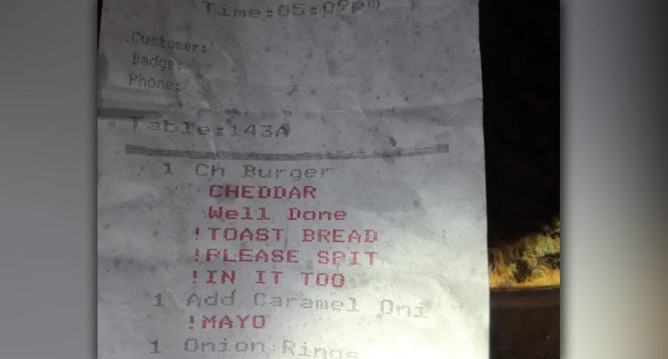 Mr Mays’ receipt revealed his server instructed the establishment’s chef to spit in his burger. Source: ABC 7