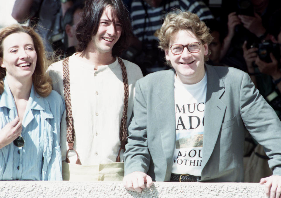 British Producer-director-actor Kenneth Branagh, right, poses with his Oscar-winning wife Emma Thompson, left, and Keanu Reeves, centre on May 21, 1993. The latest film from Kenneth Branagh's renaissance company is a modern day interpretation of Shakespeare's comedy Much Ado About Nothing, screening in competition for Britain, in the 46th International Film Festival in Cannes. (AP Photo/Michel Lipchitz)