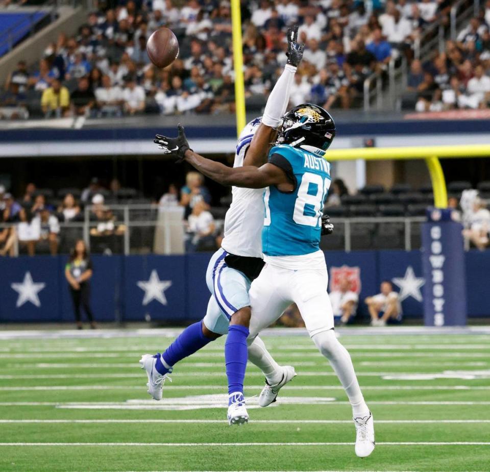 Dallas Cowboys cornerback Nahshon Wright breaks up a pass intended for Jacksonville Jaguars wide receiver Kevin Austin Jr. on Saturday, August 12, 2023, at AT&T Stadium in Arlington. Amanda McCoy/amccoy@star-telegram.com