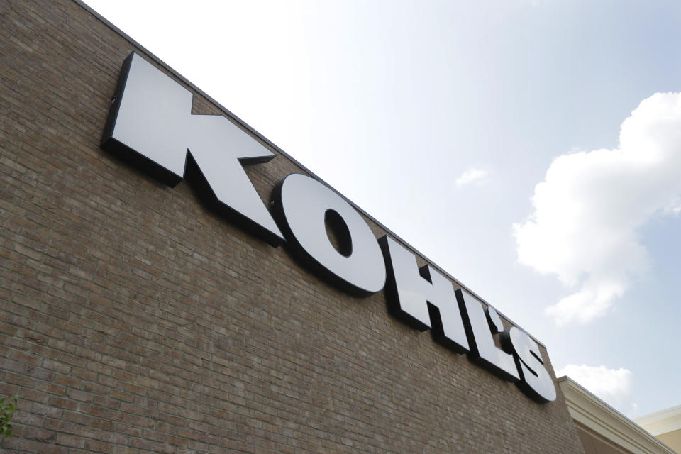 FILE - In this Aug. 28, 2018, fie photo, a Kohl's sign is shown in front of a Kohl's store in Concord, N.C. On Wednesday, July 17, 2019, Kohl’s announced that it is launching an early wave of hires for the back-to-school through the holiday season across 500 stores, nearly double the number with early hiring position compared with last year. (AP Photo/Chuck Burton, File)