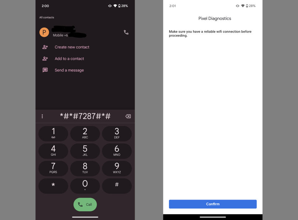 pixel diagnose app dialer code & first screen