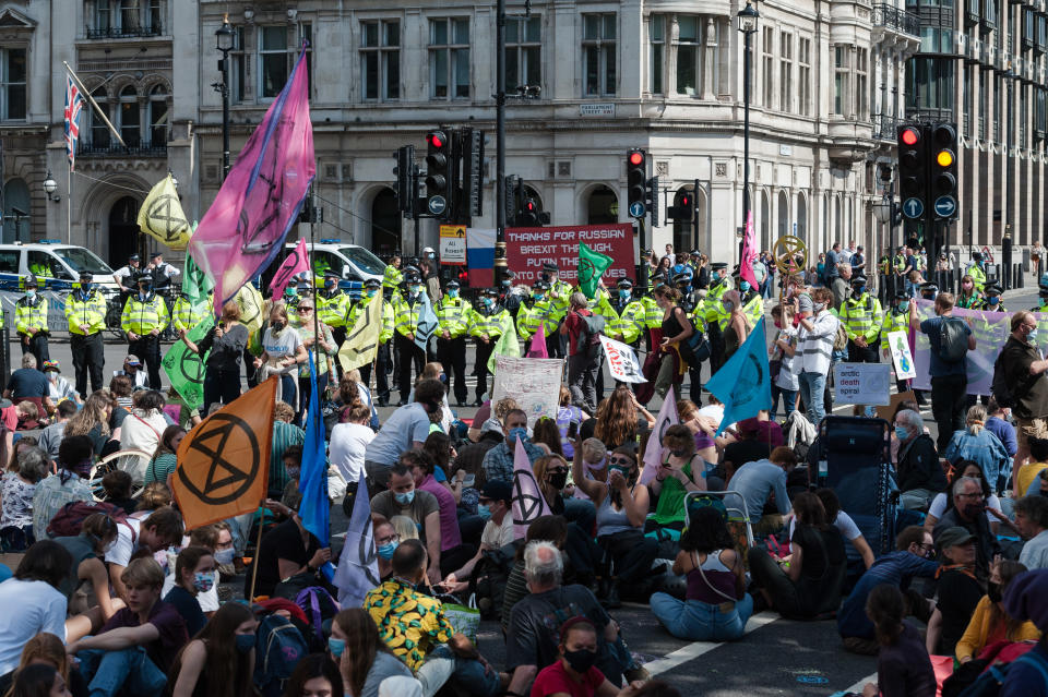 Environmental activists from Extinction Rebellion gather in Parliament Square on the first day of protest action in support of the Climate and Ecological Emergency Bill, as MPs return to the Commons after the summer recess on 01 September, 2020 in London, England. Extinction Rebellion plan to block streets in London, Manchester and Cardiff over 10 days as they call on MPs to support an innitiative for climate emergency bill, which would speed up the UKs progress on reducing its carbon emissions, and hold a national citizens assembly on the crisis. (Photo by WIktor Szymanowicz/NurPhoto via Getty Images)