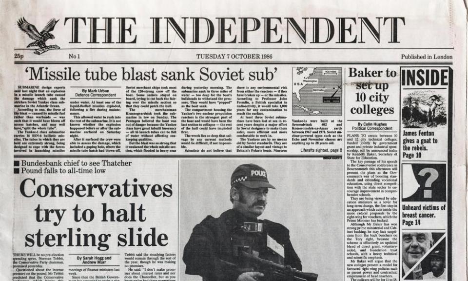 The front cover of the first issue of the Independent newspaper in 1986, designed by Nicholas Thirkell at CDT.