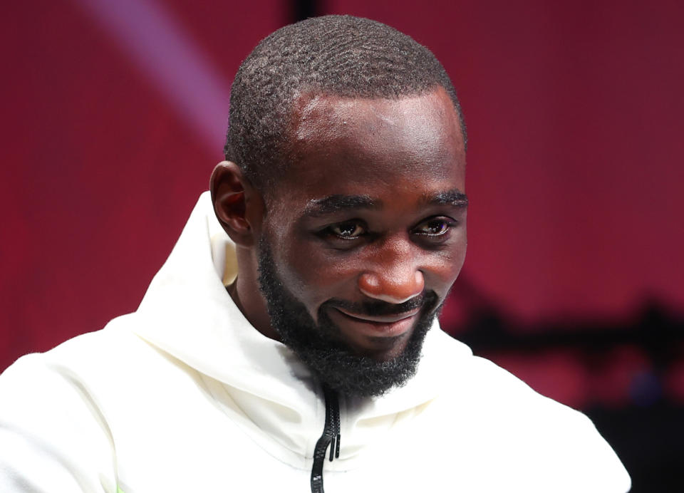 LAS VEGAS, NEVADA - NOVEMBER 17: WBO welterweight champion Terence Crawford smiles during the press conference with Shawn Porter prior to their fight at Islander Ballroom at Mandalay Bay Hotel & Casino on November 17, 2021 in Las Vegas, Nevada. (Photo by Mikey Williams/Top Rank Inc via Getty Images)