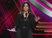 Sandra Bullock presents the award for best team at the ESPY Awards on Wednesday, July 10, 2019, at the Microsoft Theater in Los Angeles. (Photo by Chris Pizzello/Invision/AP)