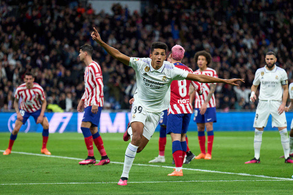 MADRID, SPAIN - FEBRUARY 25: Alvaro Rodriguez of Real Madrid celebrates after scoring the team's first goal during the LaLiga Santander match between Real Madrid CF and Atletico de Madrid at Estadio Santiago Bernabeu on February 25, 2023 in Madrid, Spain. (Photo by Angel Martinez/Getty Images)