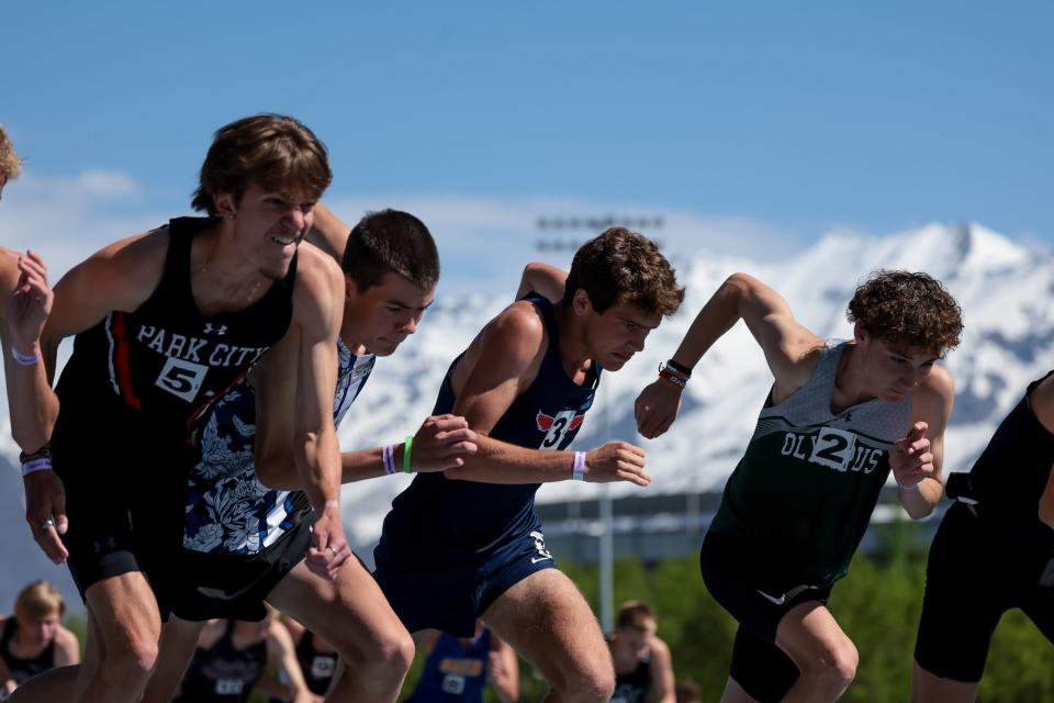 Runners start off the 5A boys 3,200-meter finals at the Utah high school track and field championships at BYU in Provo on Thursday, May 18, 2023. | Spenser Heaps, Deseret News