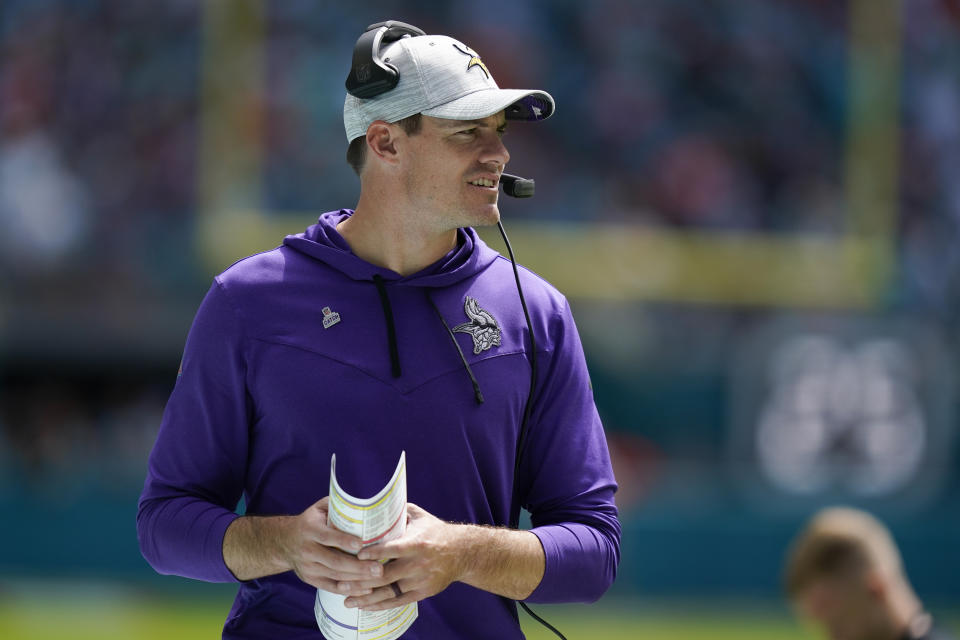 Minnesota Vikings head coach Kevin O'Connell stands on the sideline at the start of an NFL football game against the Miami Dolphins, Sunday, Oct. 16, 2022, in Miami Gardens, Fla. (AP Photo/Lynne Sladky)
