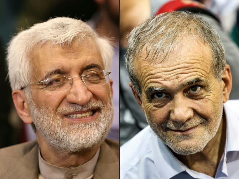 Los pretendientes a la presidencia de Irán, Said Jalili (izquierda) el 22 de junio de 2024 en un acto de campaña en Teherán, y Masud Pezeshkian en otro acto de campaña en Teherán el 23 de junio de 2024 (ATTA KENARE)