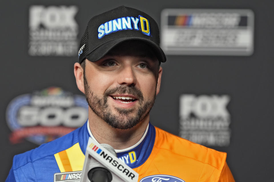 Driver Josh Berry speaks to reporters during the NASCAR Daytona 500 auto racing media day Wednesday, Feb. 14, 2024, at Daytona International Speedway in Daytona Beach, Fla. (AP Photo/Chris O'Meara)