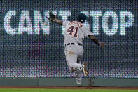 Detroit Tigers right fielder Daz Cameron can't catch an RBI double hit by Kansas City Royals' Jorge Soler during the sixth inning of a baseball game Thursday, Sept. 24, 2020, in Kansas City, Mo. (AP Photo/Charlie Riedel)