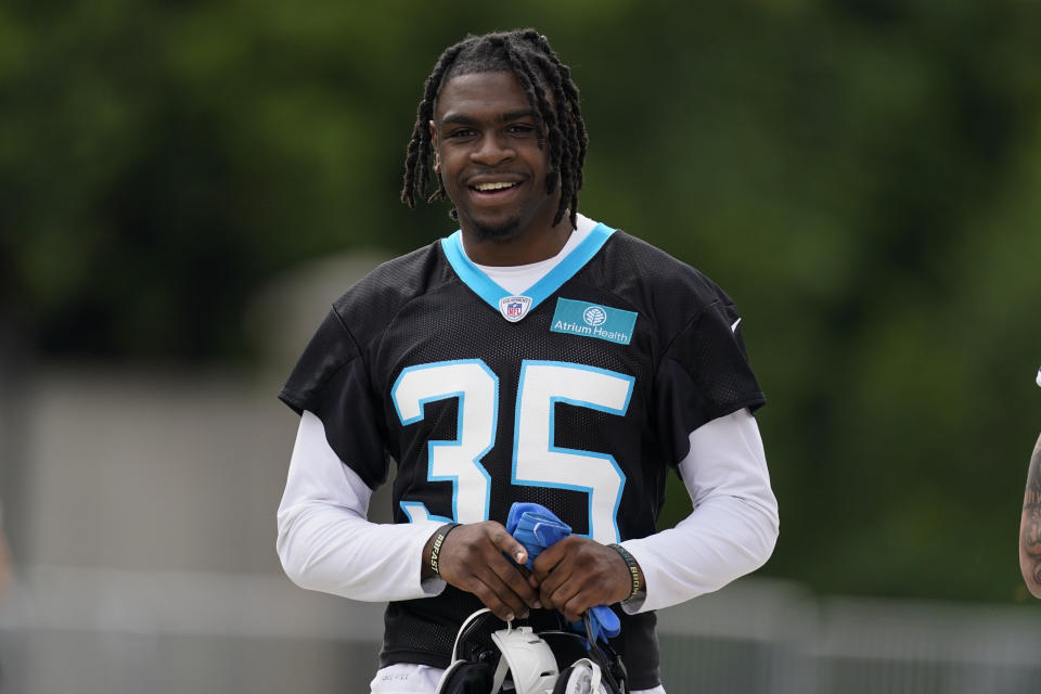 Carolina Panthers' Kalon Barnes arrives at the NFL football team's rookie minicamp Saturday, May 14, 2022, in Charlotte, N.C. (AP Photo/Chris Carlson)