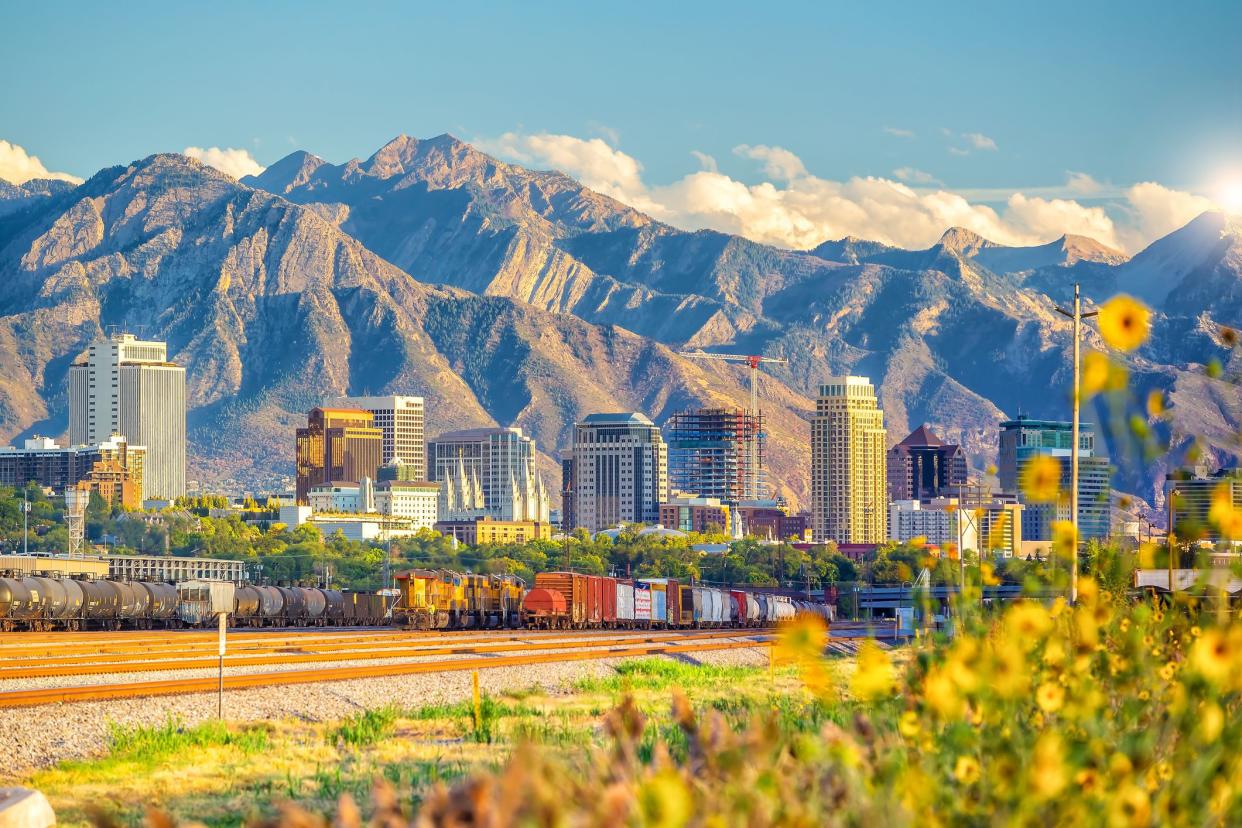 Downtown Salt Lake City skyline cityscape of  Utah in USA at sunset