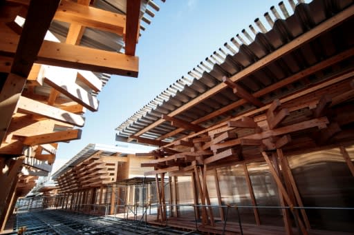 The Village Plaza will be a key part of the Athletes' Village and is constructed largely from wood donated by municipalities across Japan
