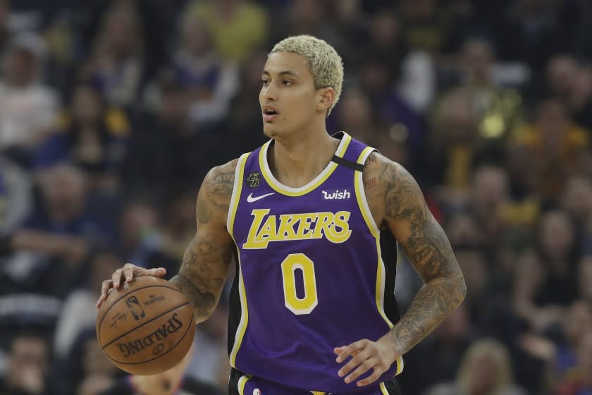 Los Angeles Lakers forward Kyle Kuzma (0) during an NBA basketball game against the Golden State Warriors.