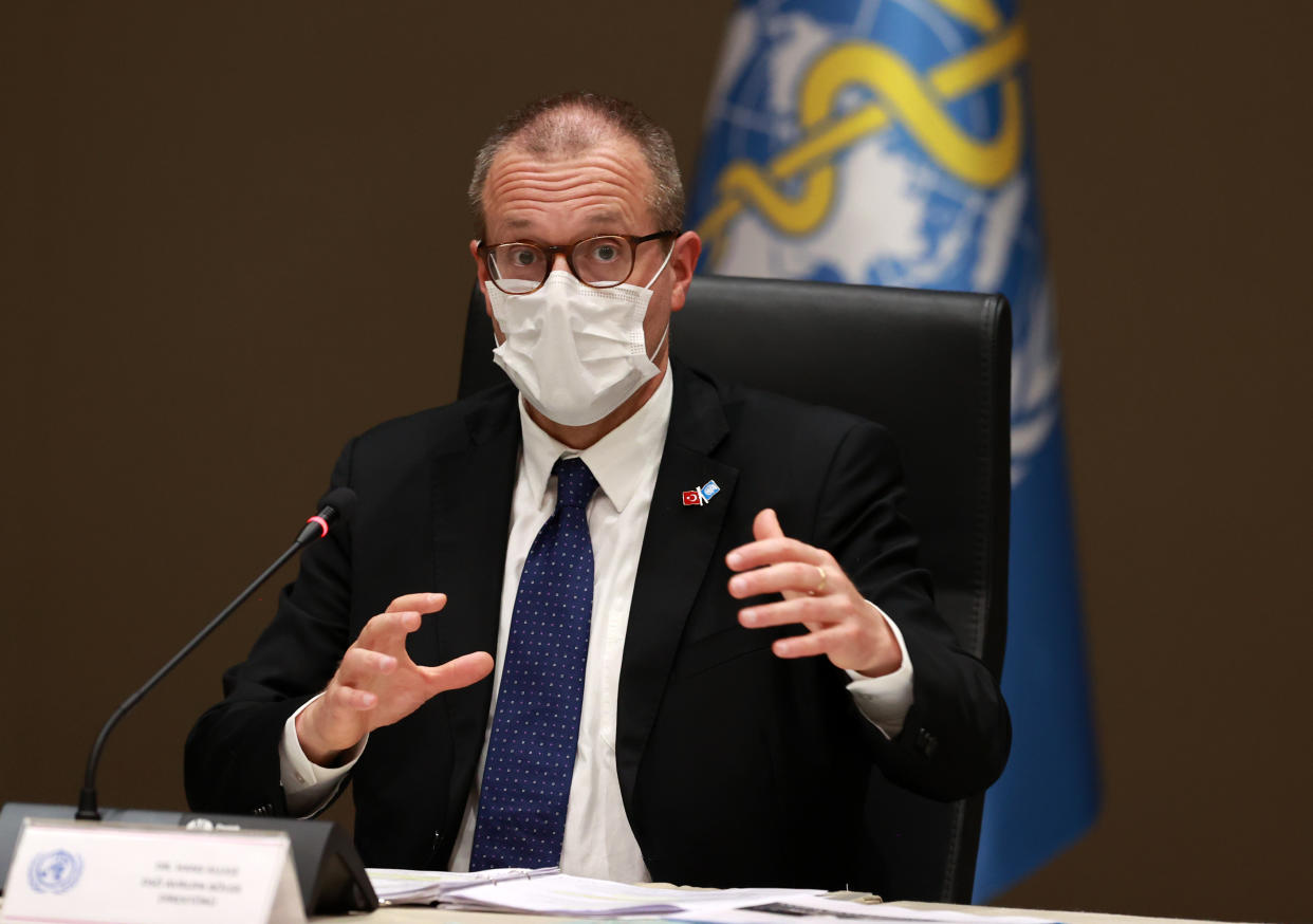 ANKARA, TURKEY - JULY 9: Turkey's Health Minister Fahrettin Koca and World Health Organization (WHO) Regional Director for Europe Hans Henri Kluge hold a joint press conference following the Science Board Meeting on coronavirus (COVID-19), on July 9, 2020 in Ankara, Turkey. (Photo by Aytug Can Sencar/Anadolu Agency via Getty Images)