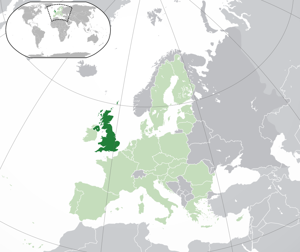 The United Kingdom (dark green) and the European Union (light green).