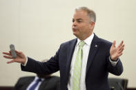 Chief Deputy Commonwealth's Attorney Patrick Jensen presents his closing statement during former Virginia Tech football player Isimemen David Etute's trial in Montgomery County Circuit Court in Christiansburg, Va., Friday May 27 2022. Etute is accused of fatally beating Jerry Smith, 40 in May 2021, a man he met on an online dating site and had initially believed to be a woman. (Matt Gentry/The Roanoke Times via AP)