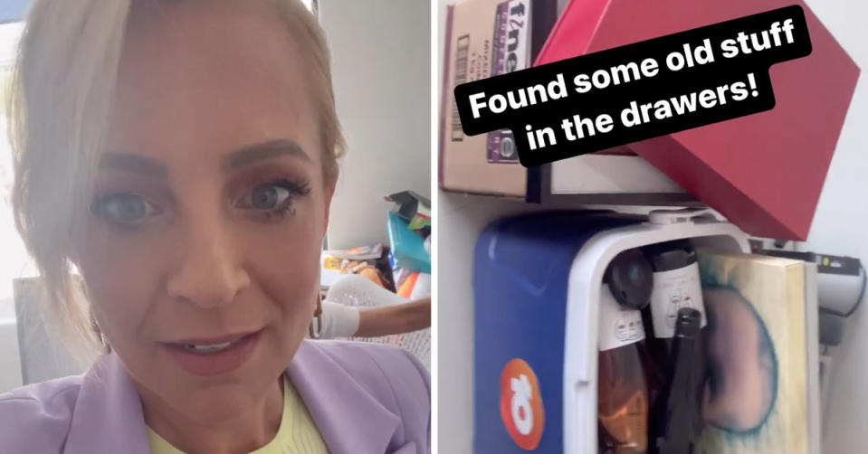 L: The Project&#39;s Carrie Bickmore selfie in purple blazer and smudged mascara. R: Photo of Carrie Bickmore&#39;s work desk 