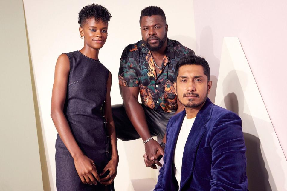 ANAHEIM, CALIFORNIA - SEPTEMBER 10: (L-R) Letitia Wright, Winston Duke, and Tenoch Huerta pose at the IMDb Official Portrait Studio during D23 2022 at Anaheim Convention Center on September 10, 2022 in Anaheim, California. (Photo by Corey Nickols/Getty Images for IMDb)