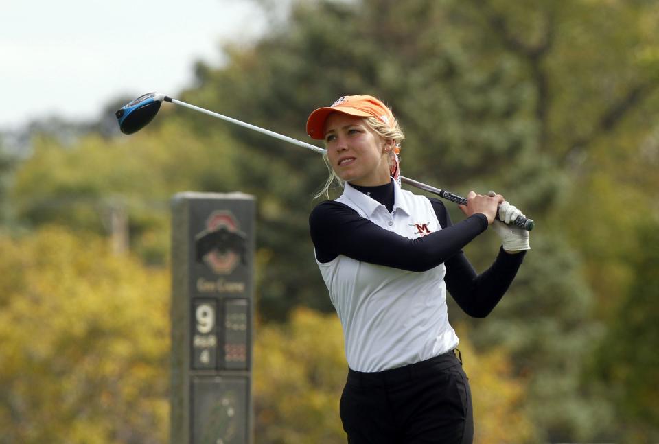 Alliance Marlington's Maria Warner tees off on hole 9 of the Ohio State University Gray Course during the Division II Girls State Golf Tournament on Saturday October 16, 2021.