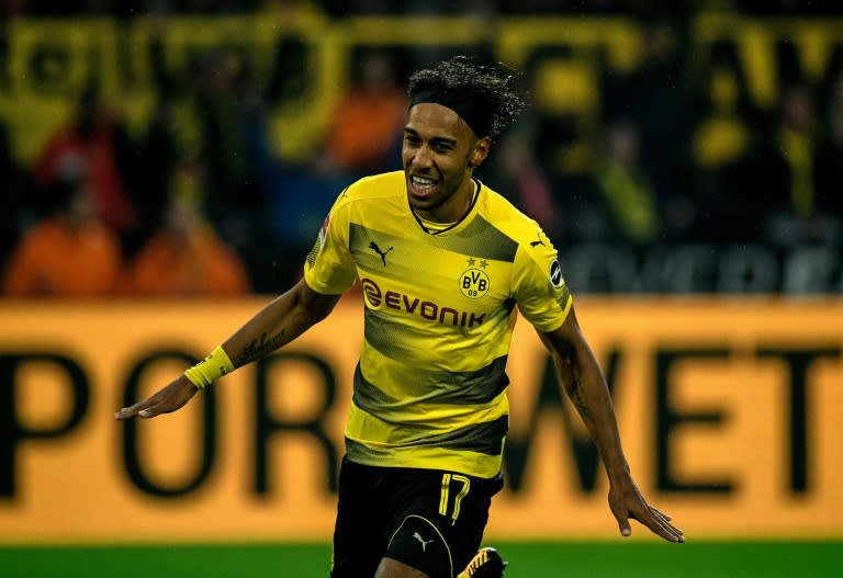 Dortmund's forward Pierre-Emerick Aubameyang celebrates scoring against Cologne, in Dortmund, western Germany, on September 17, 2017