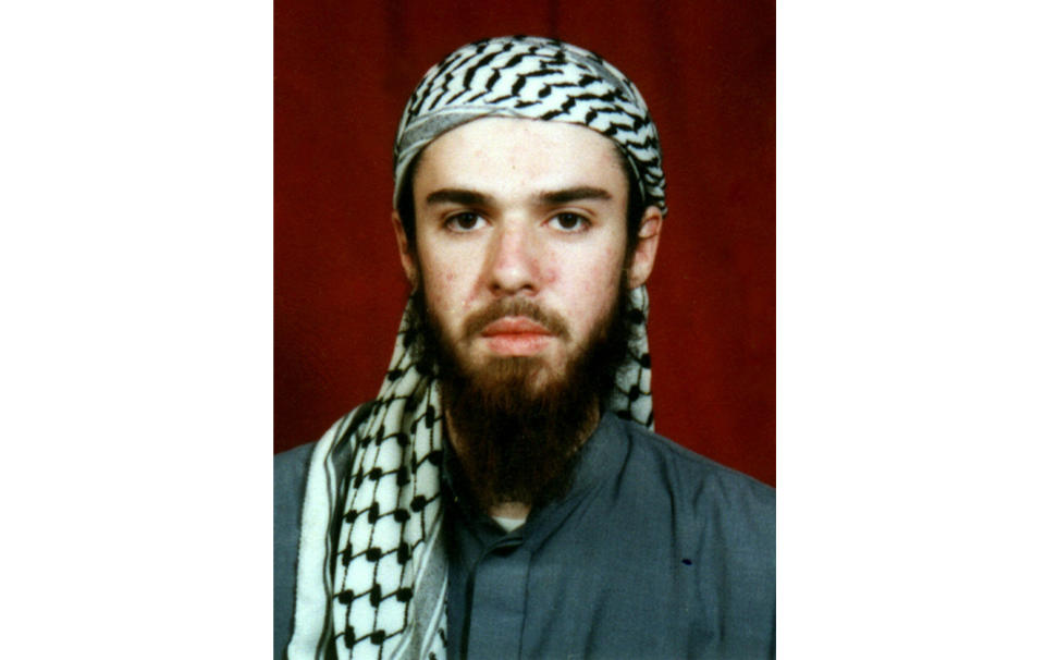 FILE - American John Walker Lindh is seen in this undated file photo obtained Tuesday, Jan. 22, 2002, from a religious school where he studied for five months in Bannu, 304 kilometers (190 miles) southwest of Islamabad, Pakistan. Lindh, the young Californian who became known as the American Taliban after he was captured by U.S. forces in the invasion of Afghanistan in late 2001, is set to go free Thursday, May 23, 2019, after nearly two decades in prison. (AP Photo, File)