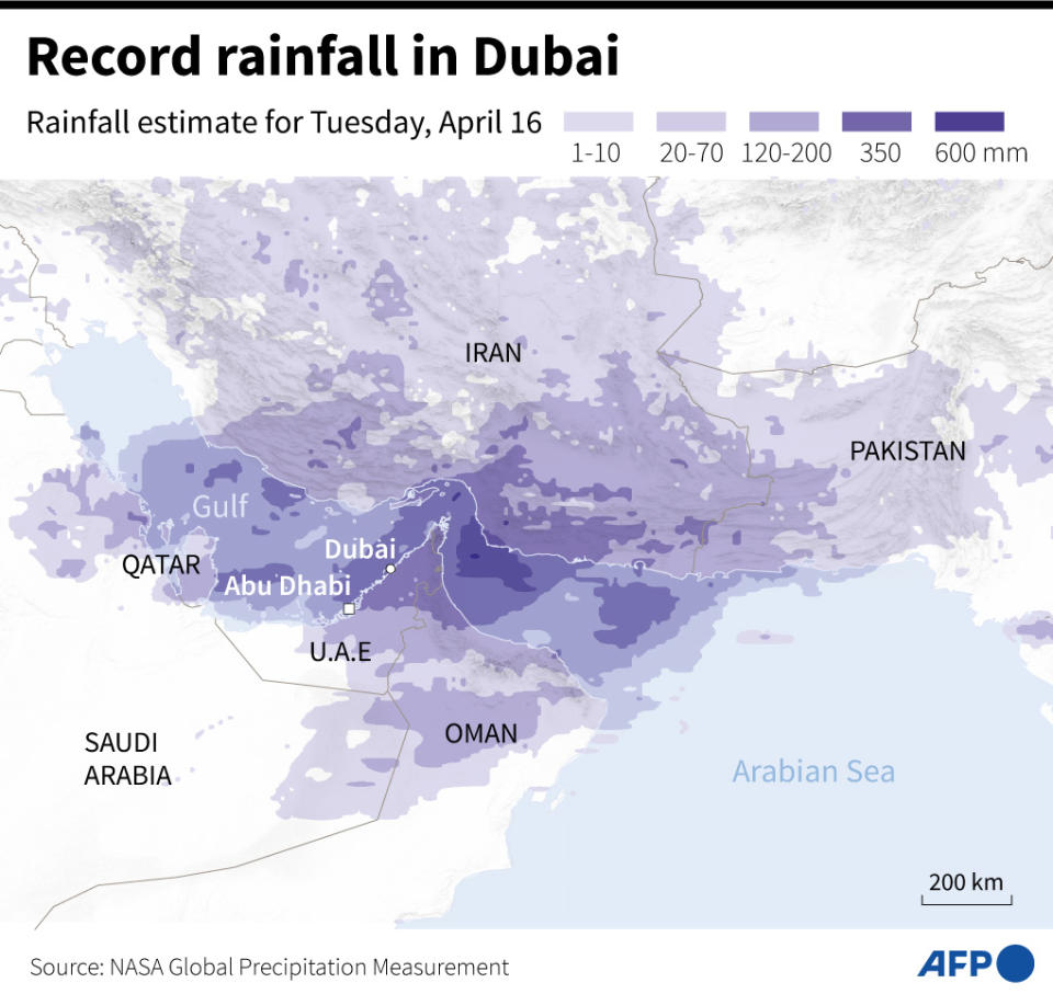 <span>Map of the Middle East showing record rainfall in Dubai in April 2024</span><div><span>Laurence SAUBADU</span><span>Jonathan WALTER</span><span>AFP</span></div>