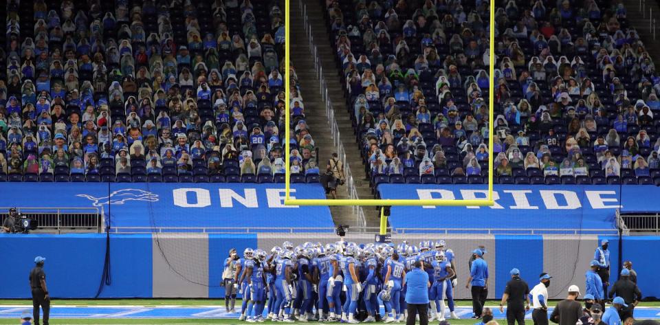 Lions fan cut outs rest in the stands during the first half at Ford Field on Sunday, Sept. 13, 2020.